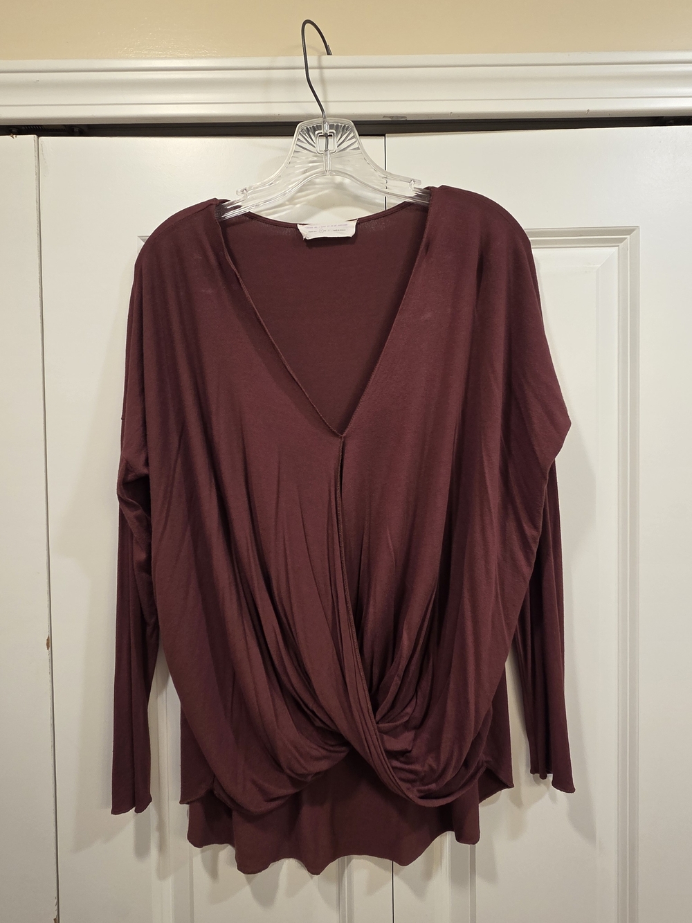 Women's Draped V-Neck Long Sleeve Top - Burgundy